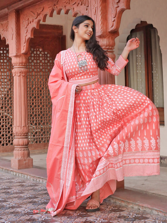 Women Pink Printed Crop Top, Lehenga With Dupatta Set | LASVINI - Redefining Indian Fashion with Elegance