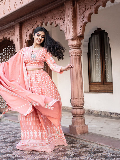 Women Pink Printed Crop Top, Lehenga With Dupatta Set | LASVINI - Redefining Indian Fashion with Elegance
