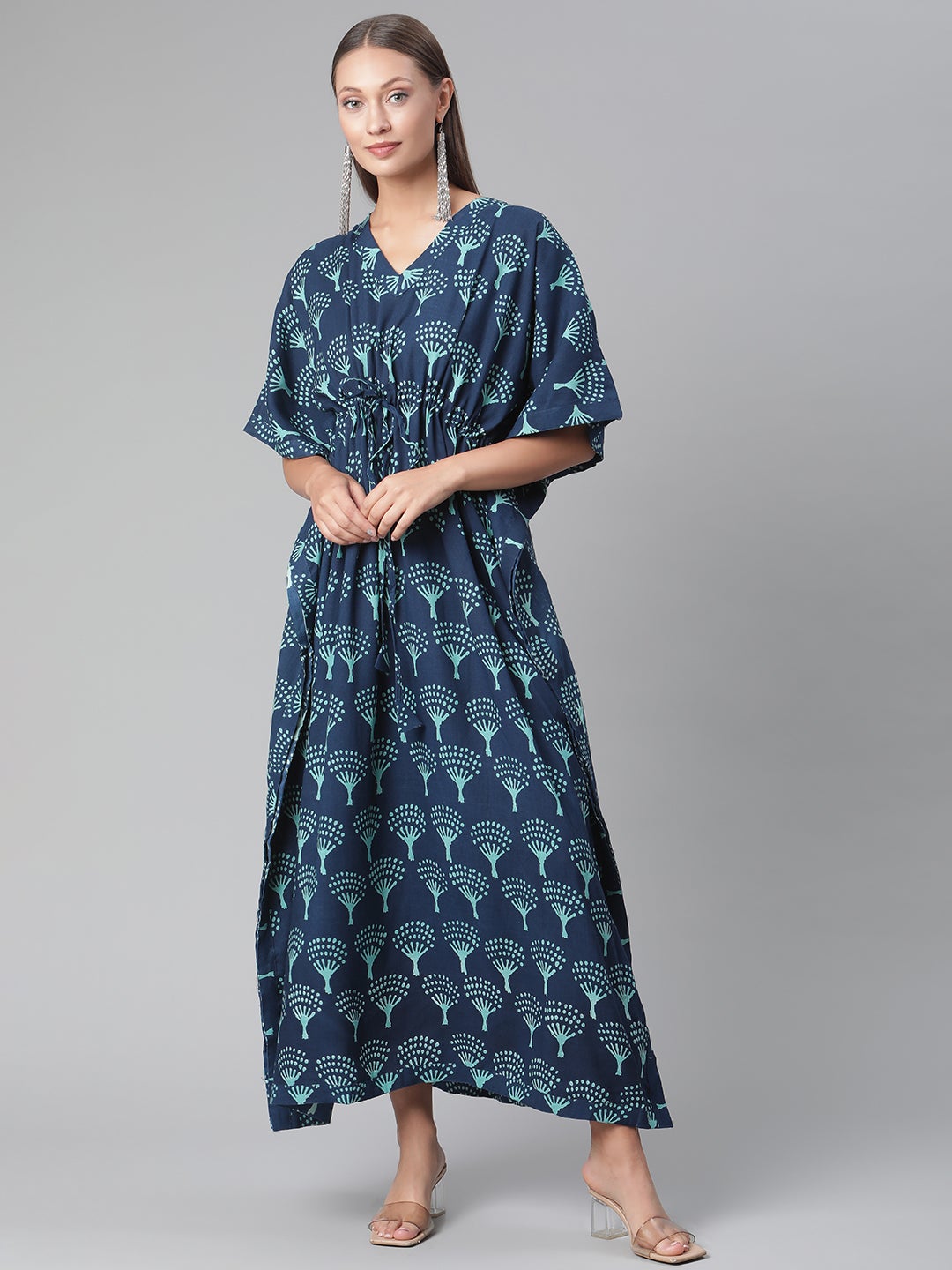 Women'S Navy Blue Floral Cotton Kaftan | LASVINI - Redefining Indian Fashion with Elegance