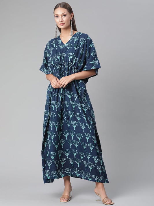 Women'S Navy Blue Floral Cotton Kaftan | LASVINI - Redefining Indian Fashion with Elegance