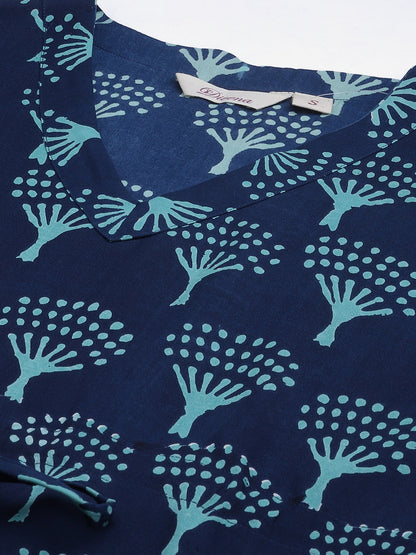 Women'S Navy Blue Floral Cotton Kaftan | LASVINI - Redefining Indian Fashion with Elegance