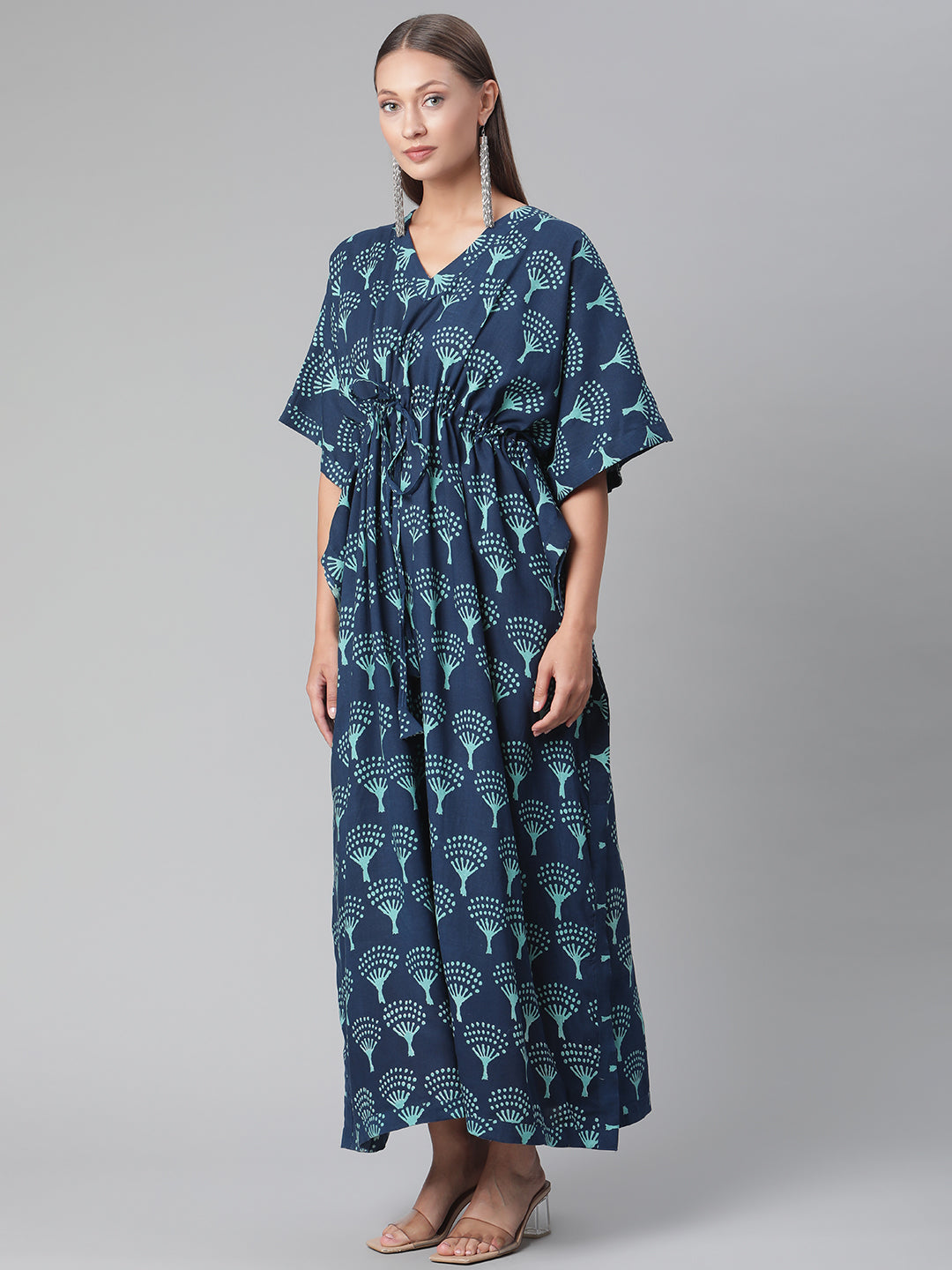 Women'S Navy Blue Floral Cotton Kaftan | LASVINI - Redefining Indian Fashion with Elegance