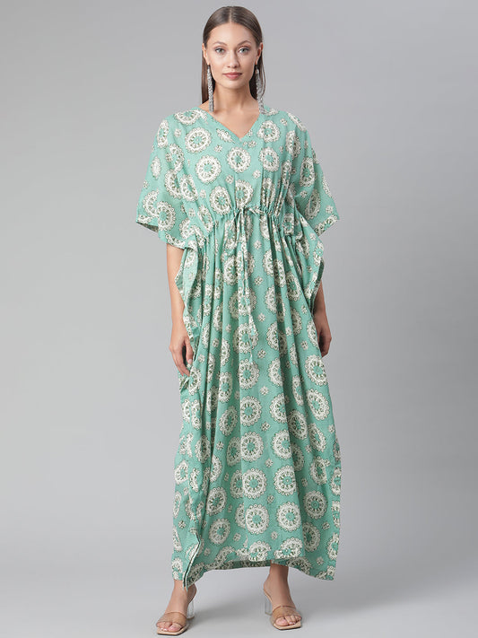 Women'S Sea Green Floral Cotton Kaftan | LASVINI - Redefining Indian Fashion with Elegance