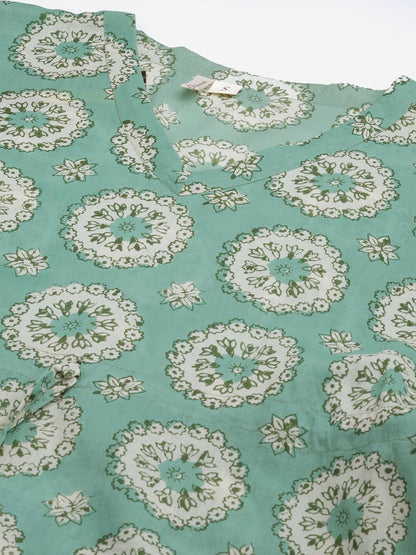 Women'S Sea Green Floral Cotton Kaftan | LASVINI - Redefining Indian Fashion with Elegance