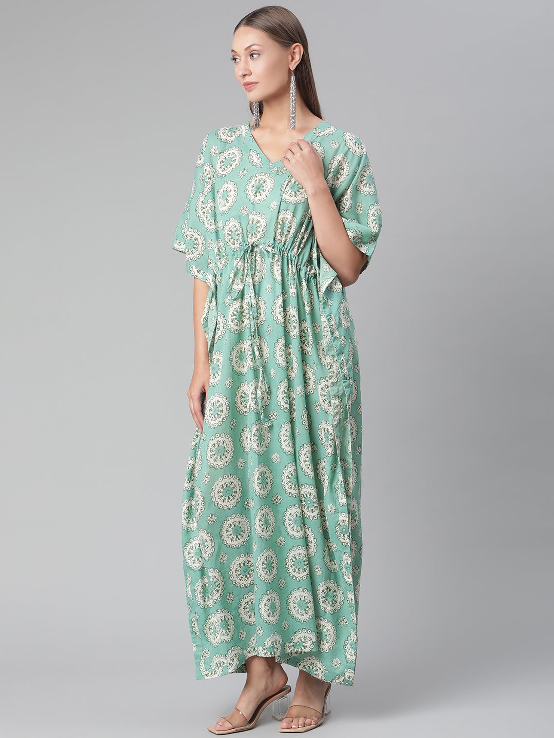 Women'S Sea Green Floral Cotton Kaftan | LASVINI - Redefining Indian Fashion with Elegance