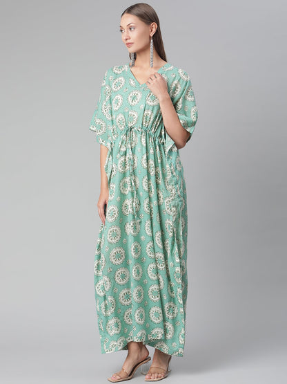 Women'S Sea Green Floral Cotton Kaftan | LASVINI - Redefining Indian Fashion with Elegance