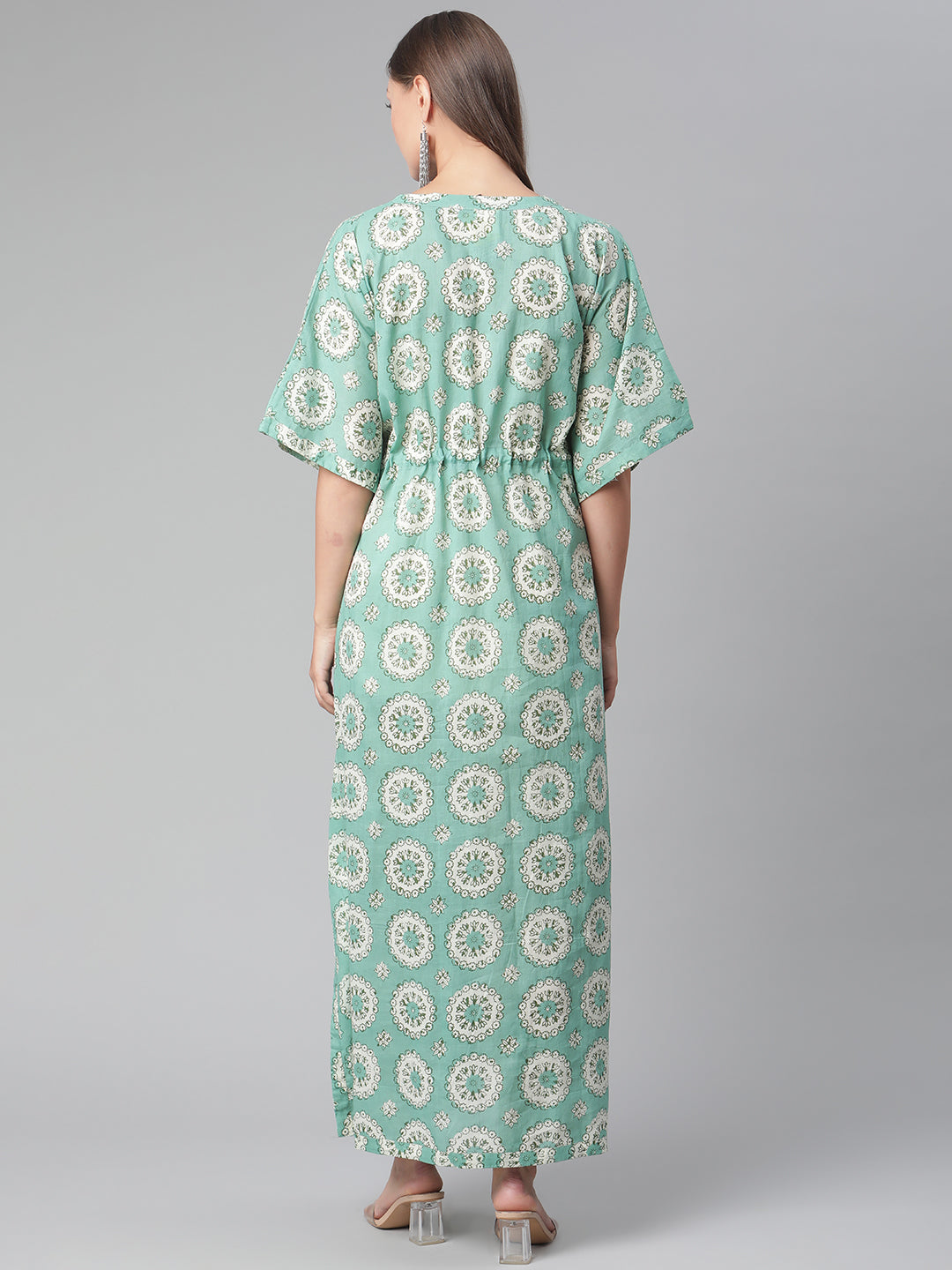 Women'S Sea Green Floral Cotton Kaftan | LASVINI - Redefining Indian Fashion with Elegance