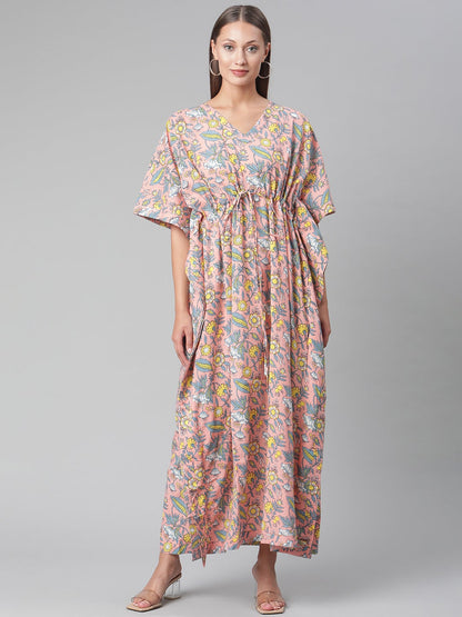 Women'S Pink Floral Cotton Kaftan | LASVINI - Redefining Indian Fashion with Elegance