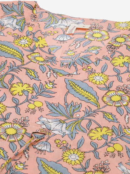 Women'S Pink Floral Cotton Kaftan | LASVINI - Redefining Indian Fashion with Elegance