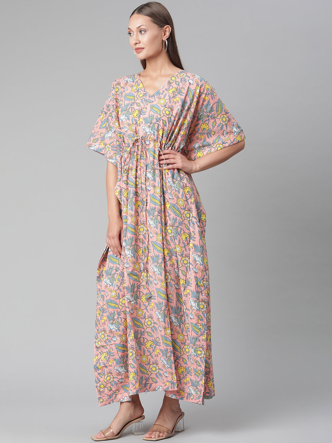 Women'S Pink Floral Cotton Kaftan | LASVINI - Redefining Indian Fashion with Elegance