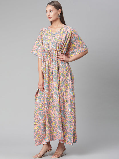 Women'S Pink Floral Cotton Kaftan | LASVINI - Redefining Indian Fashion with Elegance