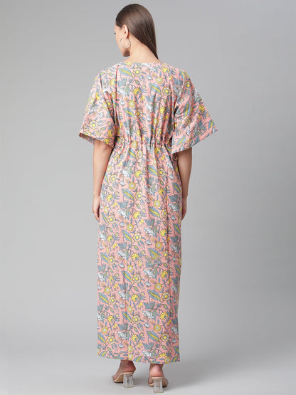 Women'S Pink Floral Cotton Kaftan | LASVINI - Redefining Indian Fashion with Elegance