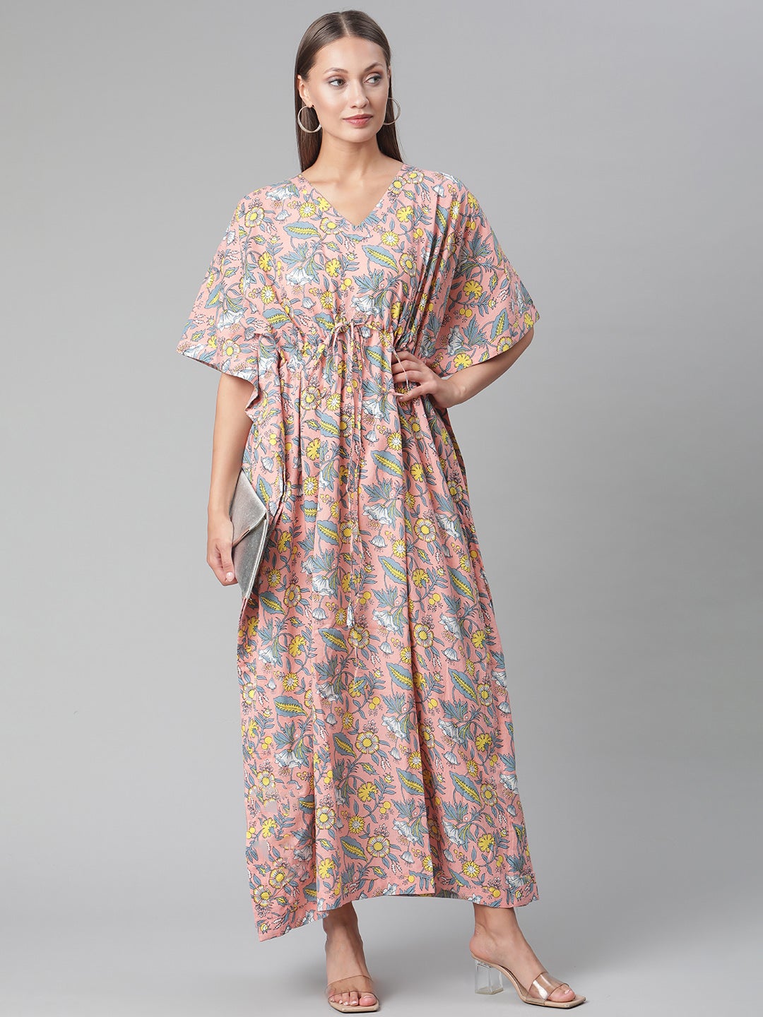 Women'S Pink Floral Cotton Kaftan | LASVINI - Redefining Indian Fashion with Elegance