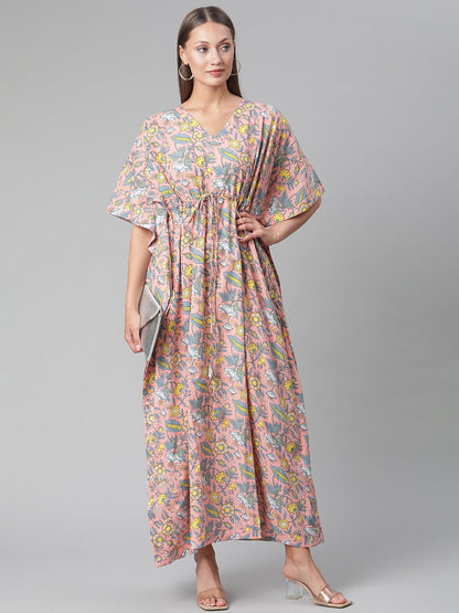 Women'S Pink Floral Cotton Kaftan | LASVINI - Redefining Indian Fashion with Elegance