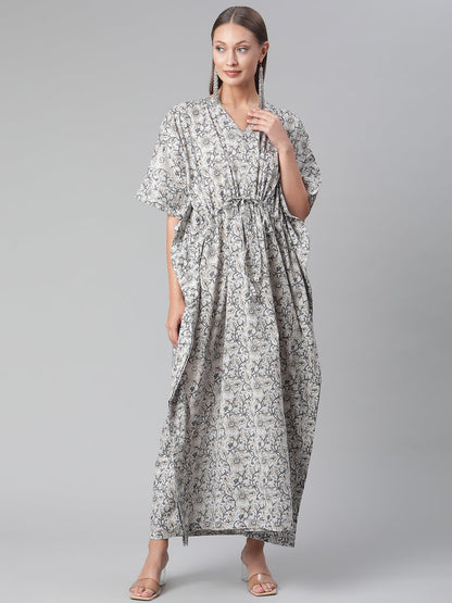 Women'S Grey Floral Cotton Kaftan | LASVINI - Redefining Indian Fashion with Elegance