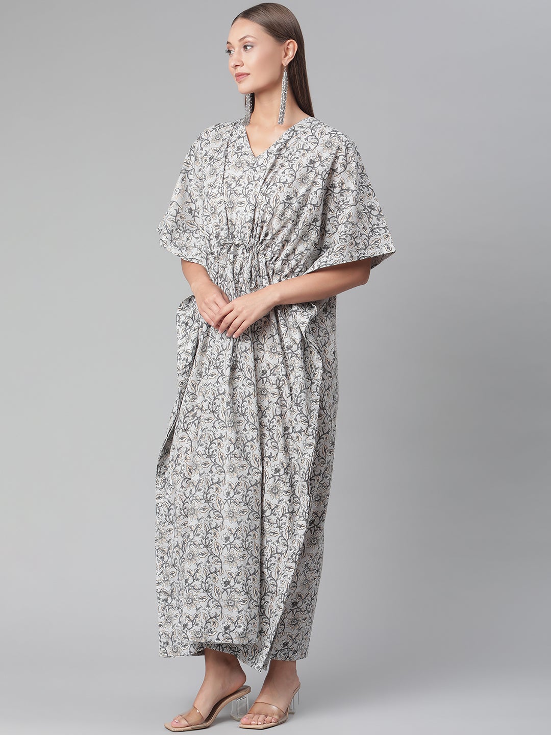 Women'S Grey Floral Cotton Kaftan | LASVINI - Redefining Indian Fashion with Elegance