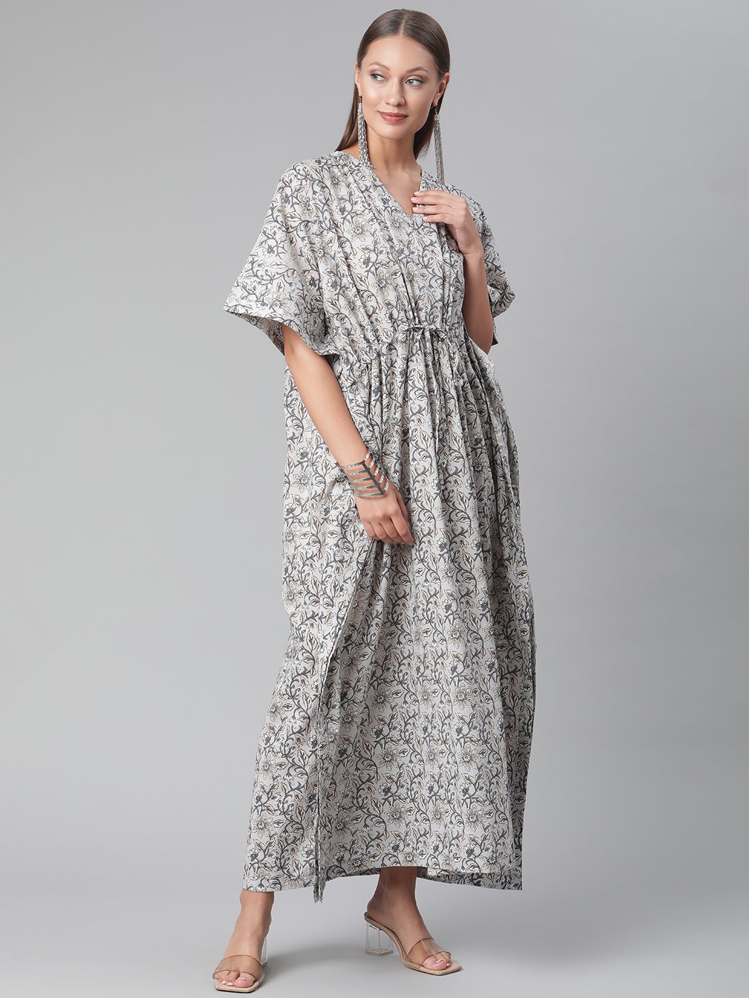 Women'S Grey Floral Cotton Kaftan | LASVINI - Redefining Indian Fashion with Elegance