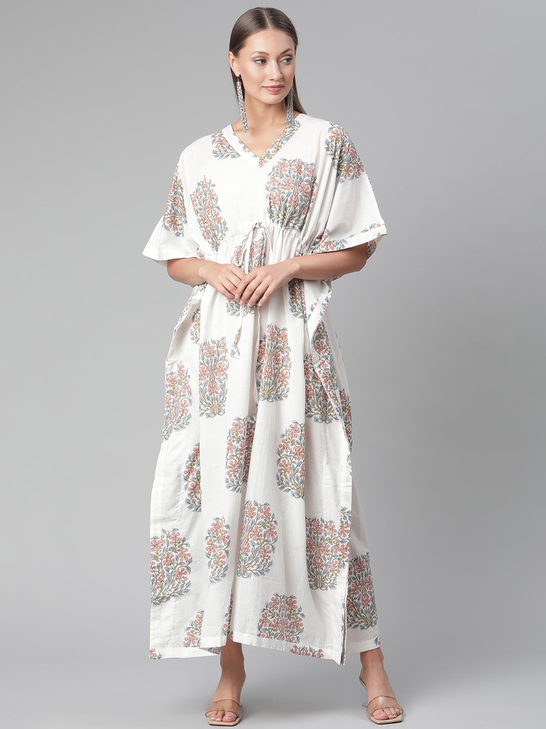 Women'S White Floral Cotton Kaftan | LASVINI - Redefining Indian Fashion with Elegance