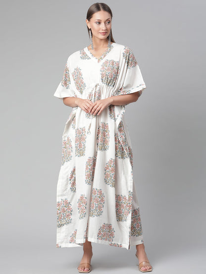 Women'S White Floral Cotton Kaftan | LASVINI - Redefining Indian Fashion with Elegance