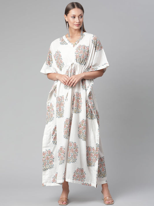Women'S White Floral Cotton Kaftan | LASVINI - Redefining Indian Fashion with Elegance