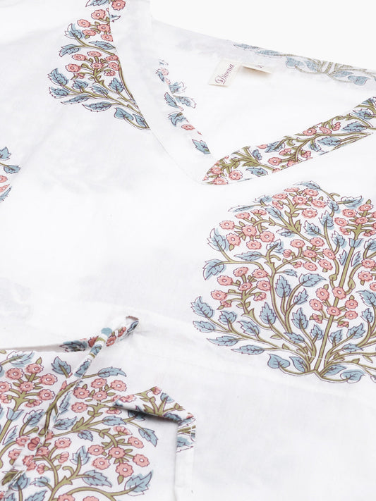 Women'S White Floral Cotton Kaftan | LASVINI - Redefining Indian Fashion with Elegance