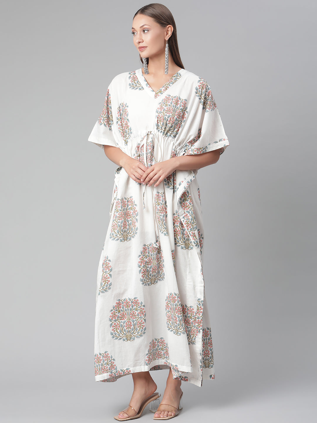 Women'S White Floral Cotton Kaftan | LASVINI - Redefining Indian Fashion with Elegance