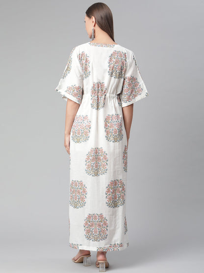 Women'S White Floral Cotton Kaftan | LASVINI - Redefining Indian Fashion with Elegance