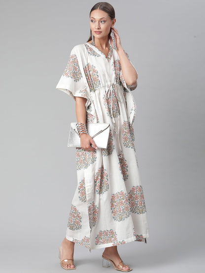 Women'S White Floral Cotton Kaftan | LASVINI - Redefining Indian Fashion with Elegance