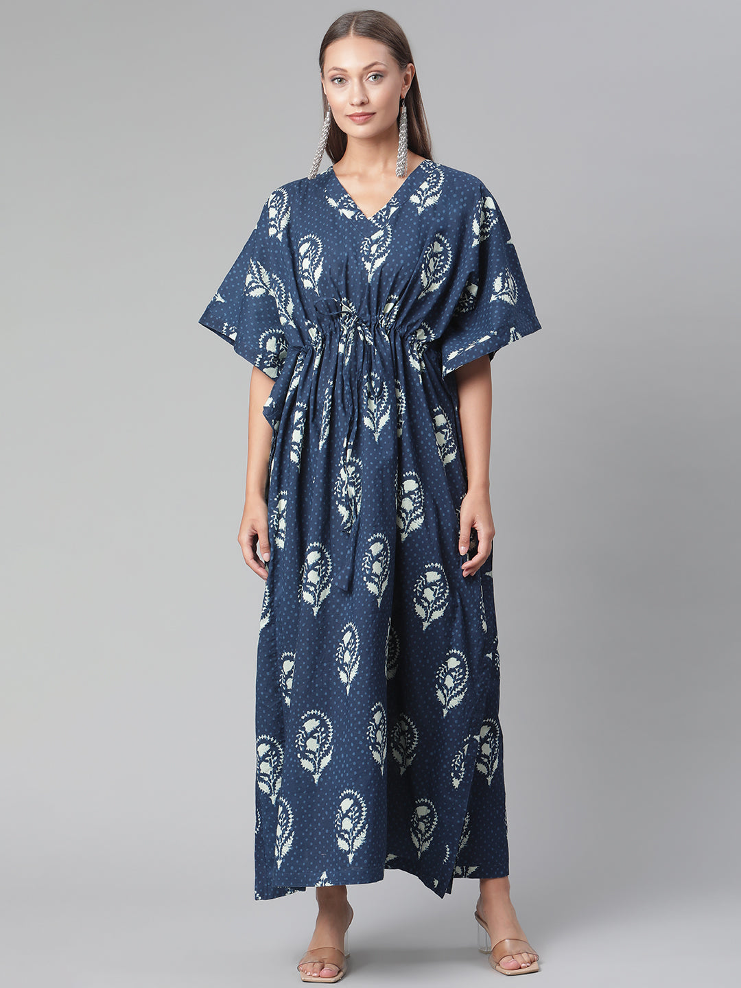Women'S Blue Floral Cotton Kaftan | LASVINI - Redefining Indian Fashion with Elegance