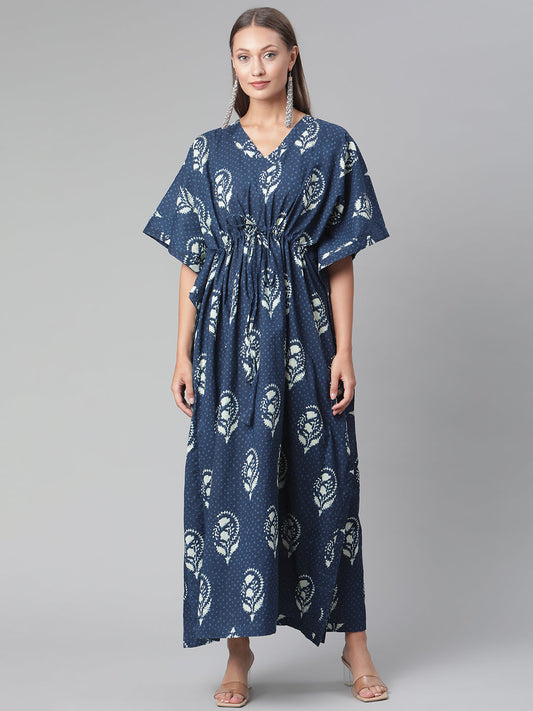 Women'S Blue Floral Cotton Kaftan | LASVINI - Redefining Indian Fashion with Elegance