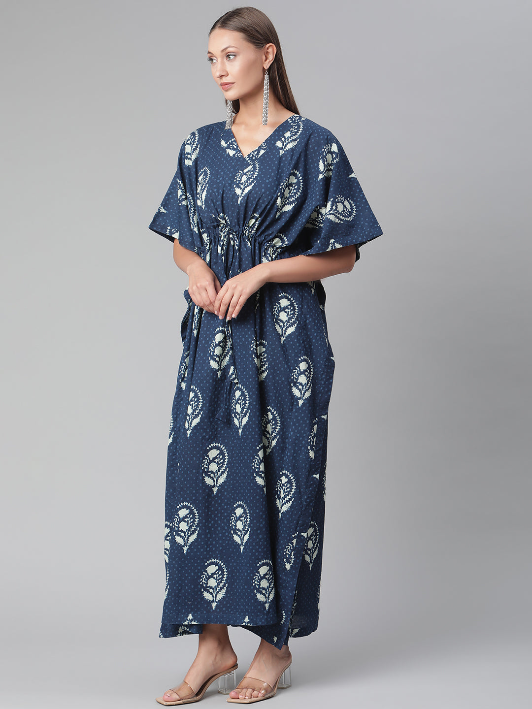 Women'S Blue Floral Cotton Kaftan | LASVINI - Redefining Indian Fashion with Elegance