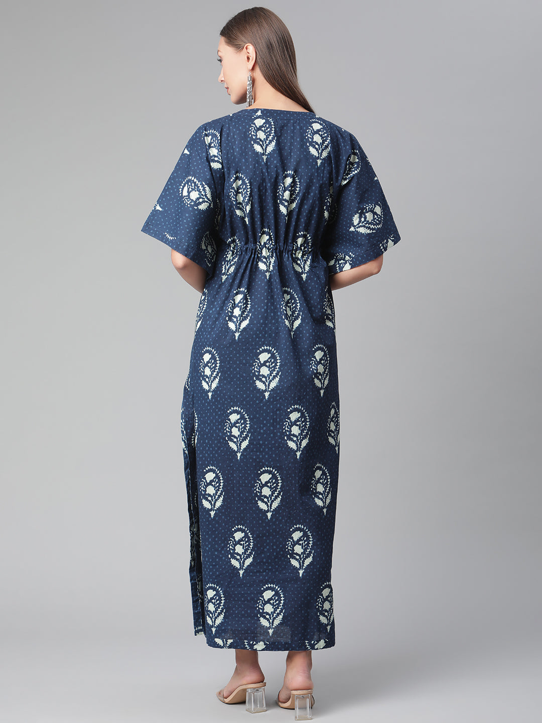 Women'S Blue Floral Cotton Kaftan | LASVINI - Redefining Indian Fashion with Elegance