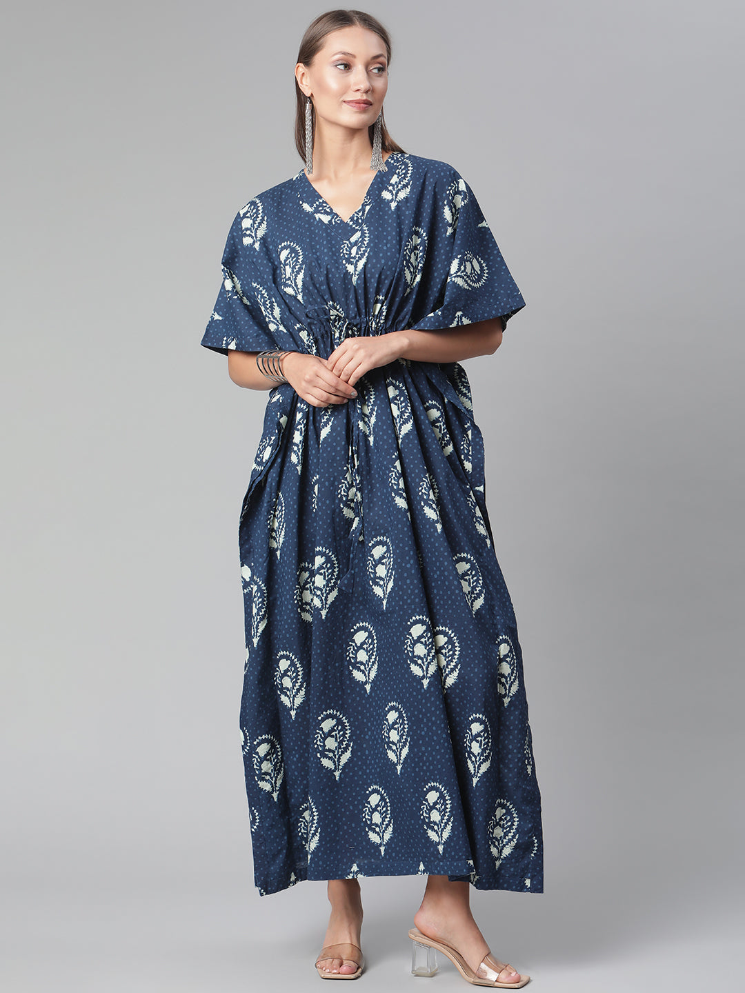 Women'S Blue Floral Cotton Kaftan | LASVINI - Redefining Indian Fashion with Elegance