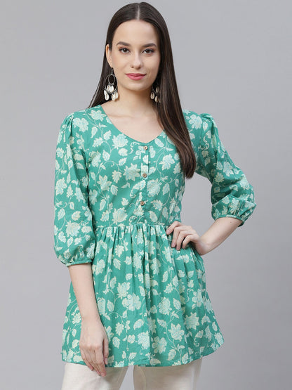 Women'S Sea Green Floral Printed Peplum Cotton Top | LASVINI - Redefining Indian Fashion with Elegance