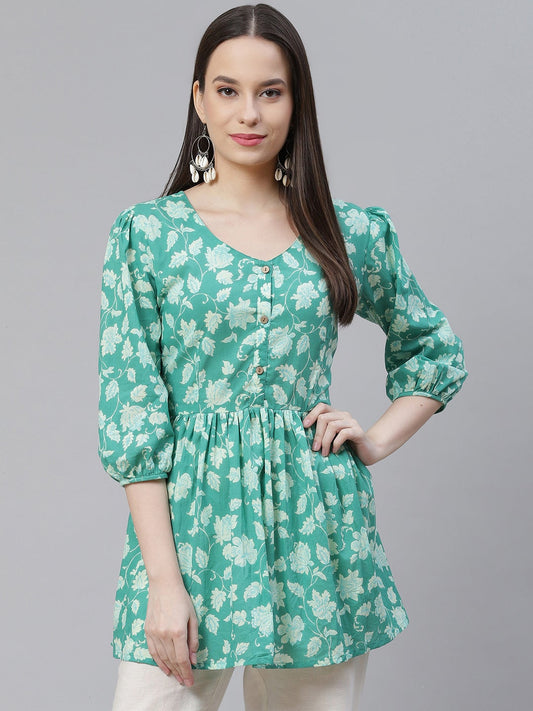 Women'S Sea Green Floral Printed Peplum Cotton Top | LASVINI - Redefining Indian Fashion with Elegance