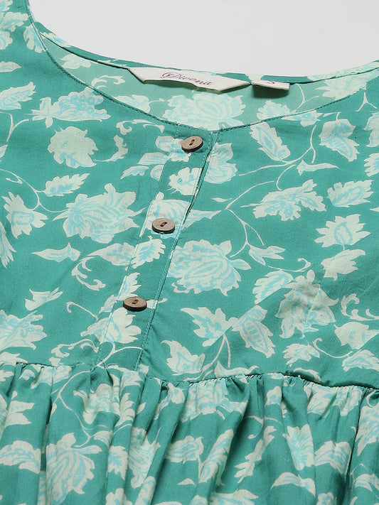 Women'S Sea Green Floral Printed Peplum Cotton Top | LASVINI - Redefining Indian Fashion with Elegance