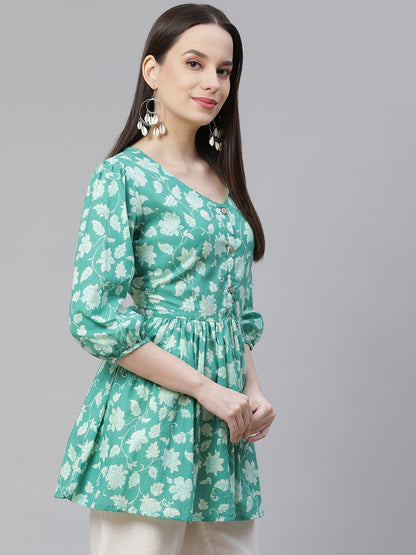 Women'S Sea Green Floral Printed Peplum Cotton Top | LASVINI - Redefining Indian Fashion with Elegance