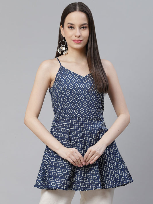 Women'S Blue Geometric Printed Shoulder Strip Cotton Top | LASVINI - Redefining Indian Fashion with Elegance