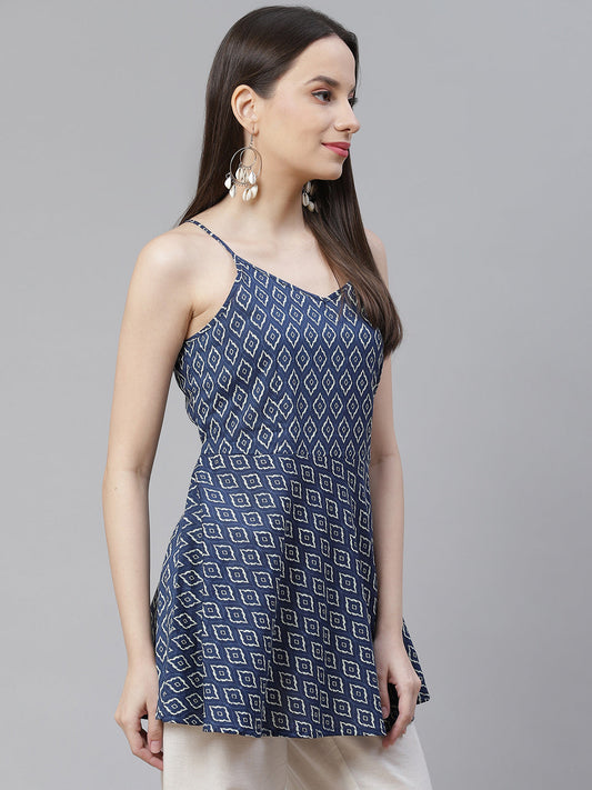 Women'S Blue Geometric Printed Shoulder Strip Cotton Top | LASVINI - Redefining Indian Fashion with Elegance