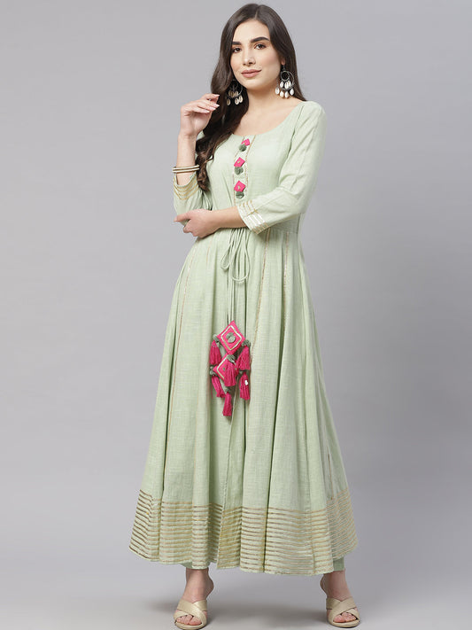 Women'S Pastel Green Flaired Cotton Kurta With Pants | LASVINI - Redefining Indian Fashion with Elegance