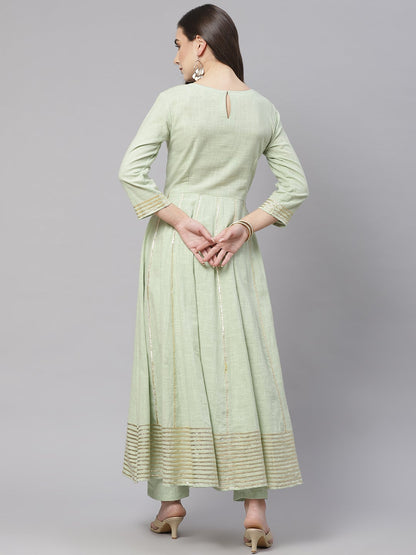 Women'S Pastel Green Flaired Cotton Kurta With Pants | LASVINI - Redefining Indian Fashion with Elegance