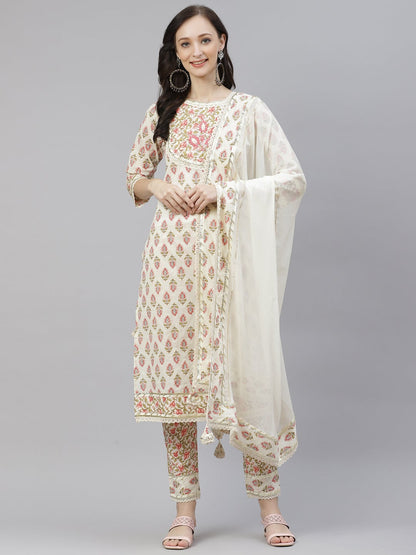 Women'S Off White Cotton Straight Kurta Pant Set With Dupatta | LASVINI - Redefining Indian Fashion with Elegance