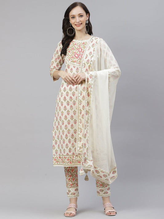 Women'S Off White Cotton Straight Kurta Pant Set With Dupatta | LASVINI - Redefining Indian Fashion with Elegance