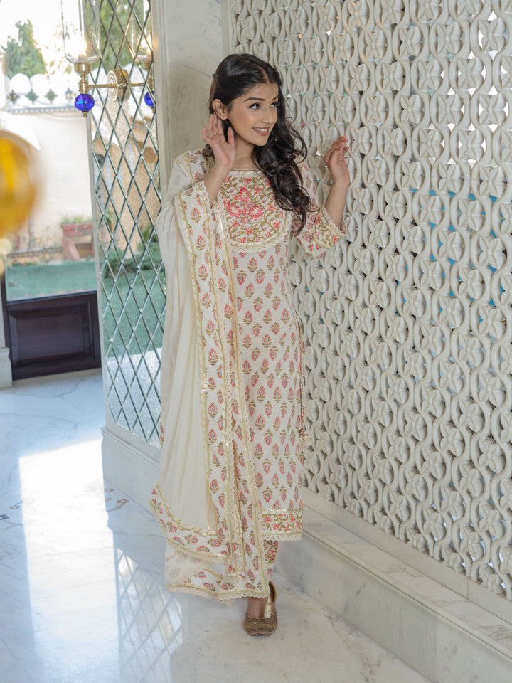 Women Off White Cotton Straight Kurta Pant Set With Dupatta | LASVINI - Redefining Indian Fashion with Elegance