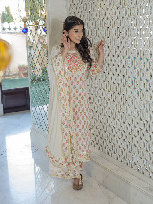 Women Off White Cotton Straight Kurta Pant Set With Dupatta | LASVINI - Redefining Indian Fashion with Elegance