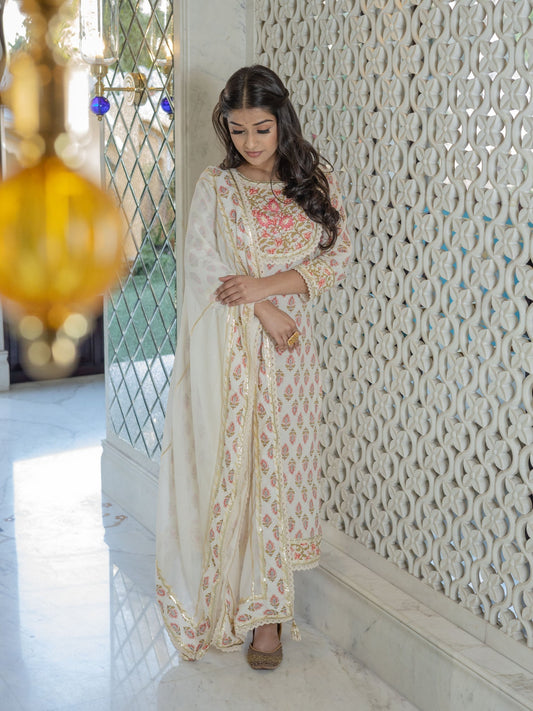 Women'S Off White Cotton Straight Kurta Pant Set With Dupatta | LASVINI - Redefining Indian Fashion with Elegance
