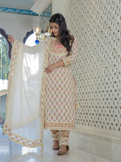 Women'S Off White Cotton Straight Kurta Pant Set With Dupatta | LASVINI - Redefining Indian Fashion with Elegance
