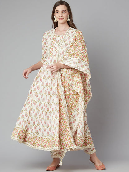 Women'S Cream Floral Anarkali Cotton Kurta Palazzo Set With Dupatta | LASVINI - Redefining Indian Fashion with Elegance