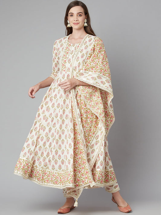 Women'S Cream Floral Anarkali Cotton Kurta Palazzo Set With Dupatta | LASVINI - Redefining Indian Fashion with Elegance