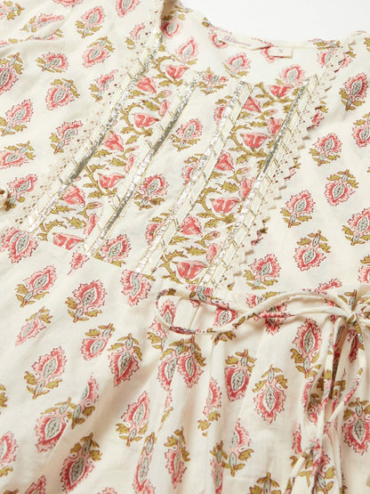 Women'S Cream Floral Anarkali Cotton Kurta Palazzo Set With Dupatta | LASVINI - Redefining Indian Fashion with Elegance